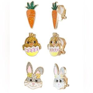 🐰Way to Celebrate Easter Trio Clip-On Earrings Set- Bunny, Chick & Carrot- Gold